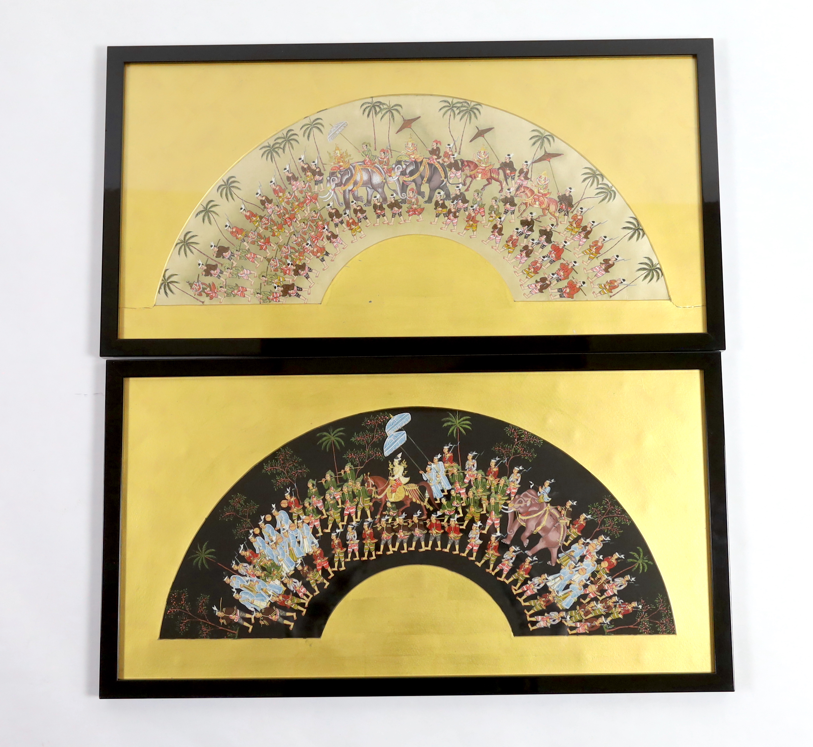 Two silk finely painted 20th century fan leafs of Royal processions, framed and gold mounted, originally purported to be made as gifts to the Emperor and Empress of Siam, 62cm wide x 18cm high